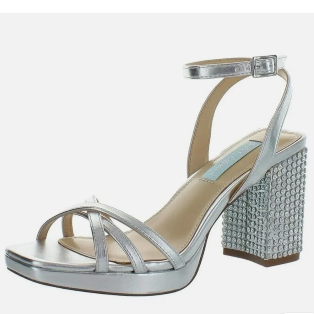 Betsey Johnson Zhara Silver Metallic Rhinestone Block Heel Sandals Size 11